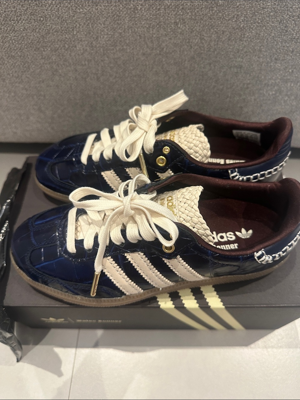 Adidas x Wales Bonner Navy Croc-Embossed Samba with Cream Stripes